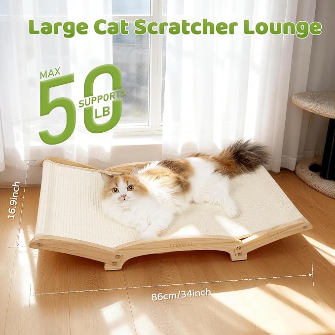 34" Extra Large Cat Scratcher Bed, Natural Sisal Lounge Cat Furniture | Scratch & Rest Design with Wooden Frame, Natural Sisal Scratching Surface, Cozy Lounge Chair for Indoor Cats - Image 2