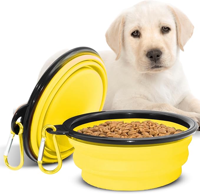 Collapsible Dog Water Bowls, Foldable Pet Feeding Dish, Yellow | Portable, Travel, Food Bowl, Dogs and Cats, Walking Hiking Camping, Carabiner, BPA Free by ChefKitty