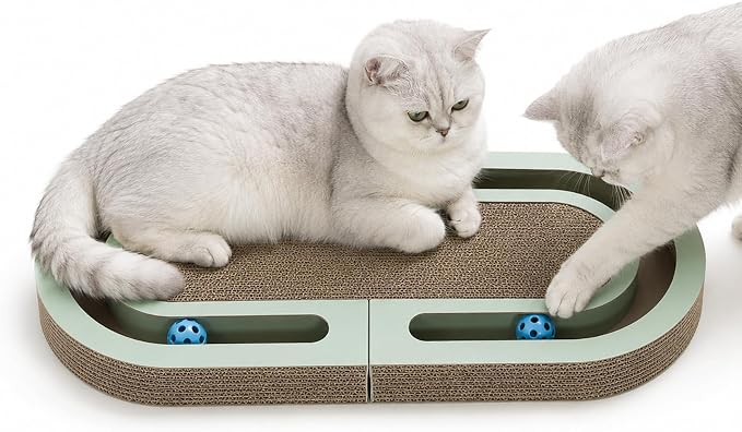 Interactive Cat Scratcher Lounge for Indoor Cats, 26" Large Foldable Cat Scratcher with Ball Track, Double-Sided Corrugated Cat Scratch Pad Bed for Scratching, Playing, Lounging & Relaxing by LEQOS
