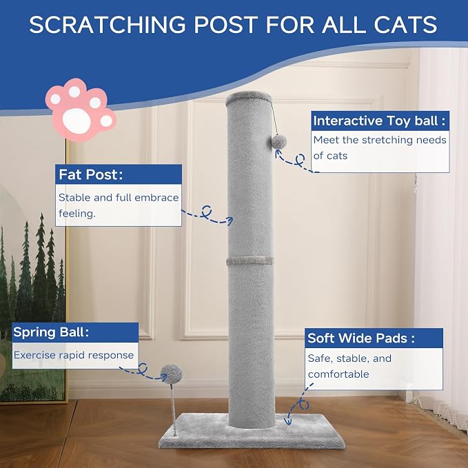 Cat Craft 41" Tall Cat Scratching Post for Large Cats, Light Grey | Short Plush Fabric, Stable Wide Base, Replaceable Hanging Ball, Full Stretch Design - Image 6