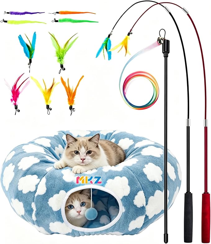 Cat Tunnel Bed with Toys – Large Collapsible Play Tube (Blue) | Soft Tube for Indoor Kittens & Adult Cats – Perfect for Hide & Seek, Pouncing, and Cozy Napping, Space-Saving & Foldable - Image 8