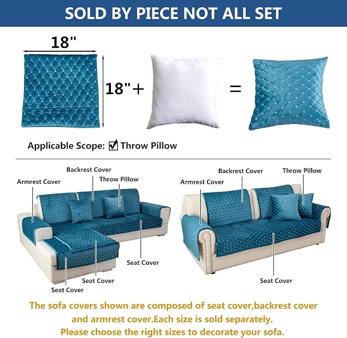 Eismodra Throw Pillows,Couch Cover,Sofa Cover,Sectional Couch Covers for 3 Cushion Couch,Sofa Slipcovers for Dogs Cats Pet Loveseat Recliner Leather L Shaped,Blue 18 x 18 Inches (Only 1 Piece) - Image 5