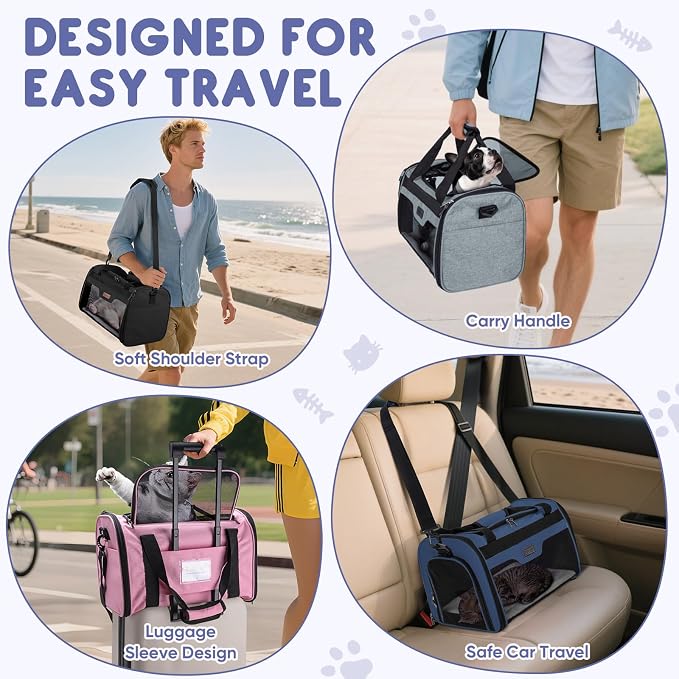 BALEINE Cat Carrier, Puppy Dog Carrier for Small Medium Pets Up to 15 Lbs, Soft-Sided Dog Travel Bag with Safety Zippers, Collapsible Pet Carrying Case (Black, L, 17"x11"x11") - Image 9