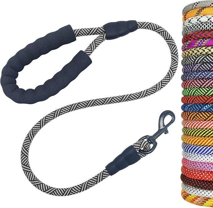 MayPaw Heavy Duty Rope Dog Leash, 3/4/6/7/8/10/12/15/20/30FT Nylon Pet Leash, Soft Padded Handle Thick Lead Leashes for Large Medium Dogs (Black, 1/2" * 3') by MayPaw