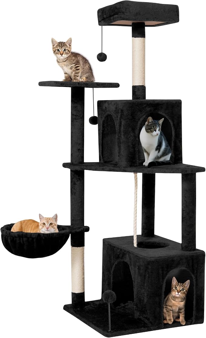 54inch Large Cat Tree Tower Condo with Hammock for Indoor Cats, Soft Plush Multi-Level Climbing Tree Cat House with Cat Cave, Scratching Post, Sisal Rope, Black by TSCOMON