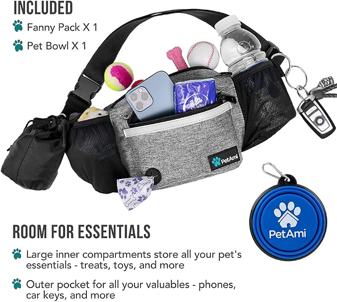 PetAmi Dog Fanny Pack, Treat Pouch for Dog Walking Training, Light Gray | Built in Poop Bag Dispenser, Water Bottle Holder, Collapsible Bowl, Pet Treat Waist Belt for Hiking Running Kibbles - Image 2