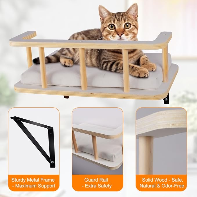 Large Cat Wall Shelves with 5 Steps - Heavy Duty Cat Wall Furniture, Climber, Shelves & Perches with Comfy Cushion & Guardrails, Space-Saving for Indoor Cats(Dark) - Image 3