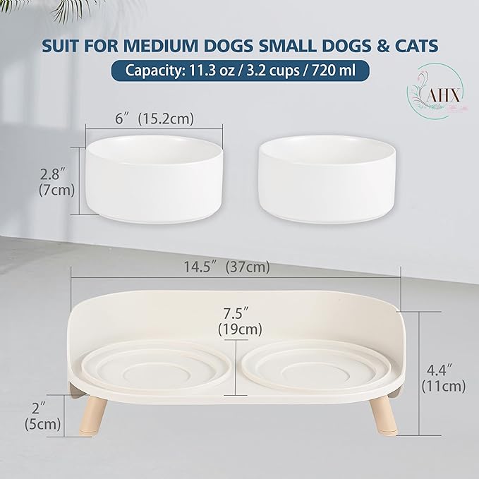Elevated Ceramic Dog Bowl Set - Double Dog Feeding Bowls with Stand Splash Proof - Raised Dishes for Food and Water - Ideal for Small to Medium Dogs - 2 x 720 ml - 11.3 oz - White - Image 2
