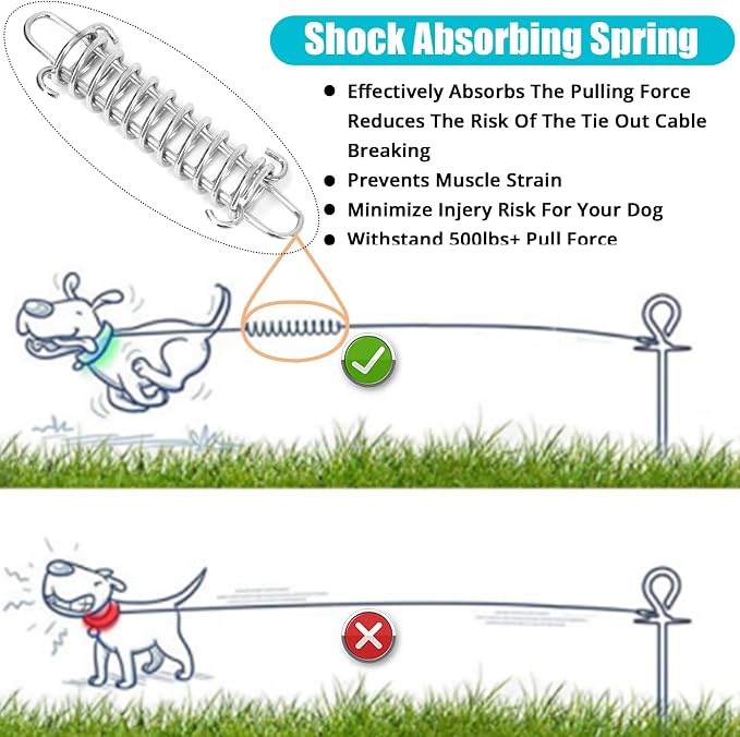 jenico Dog Tie Out Cable - 20 ft Heavy Duty Dog Lead for Yard | Outdoor Runner Cable with Swivel Hook and Shock Spring for Small Medium Large Dogs Up to 500 lbs Dog Tether for Yard Camping - Image 4