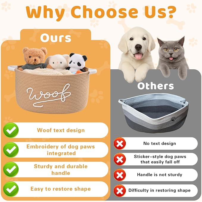 Woof Dog Toy Basket, Large Dog Toy Storage Bin with Durable Handles, Woven Dog Basket for Blankets, Toys, Chews, Pet Toy Storage Box for Nursery, Living Room, Bedroom, 17”x12”x9, Beige - Image 4