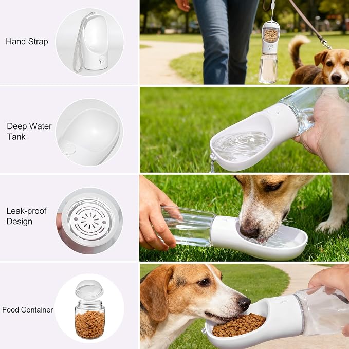 Portable Dog Water Bottle with Food Container, Drinking Bottle for Travel | 2 in 1 Dog Water Bowl, Leak Proof Pet Water Dispenser, BPA Free, Puppy Essentials, for Walking Hiking (White,19oz) - Image 4