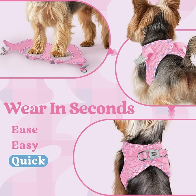 rabbitgoo Step-in Small Dog Harness, Puppy Vest for Small Sized Pet | Easy Put on and off, Lightweight, Soft, Breathable Quick-Dry Air Mesh for Comfortable Secure Walking, Pink & Plaid Trim S - Image 6