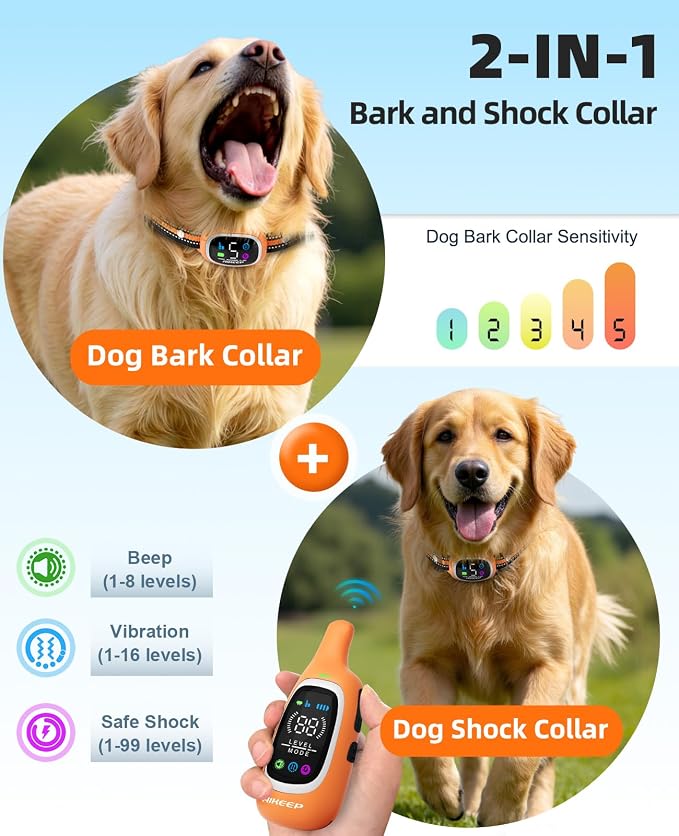 2-in-1 Dog Shock Collar and Bark Collar for Dogs – 3300FT Dog Training Collar with Remote, IP67 Waterproof e Collar with Anti-Bark/Beep/Vibration/Shock Modes for Small Medium Large Dog(8-120Lbs) - Image 2