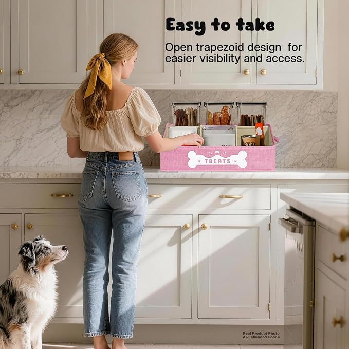 Dog Treat Container, Dogs Storage Organizer with Removable Dividers, Collapsible Dogs Treat Holder for Countertop, Trapezoid Pet Treats Containers, Dog Toy Basket with PU Handles, Medium, Pink - Image 6