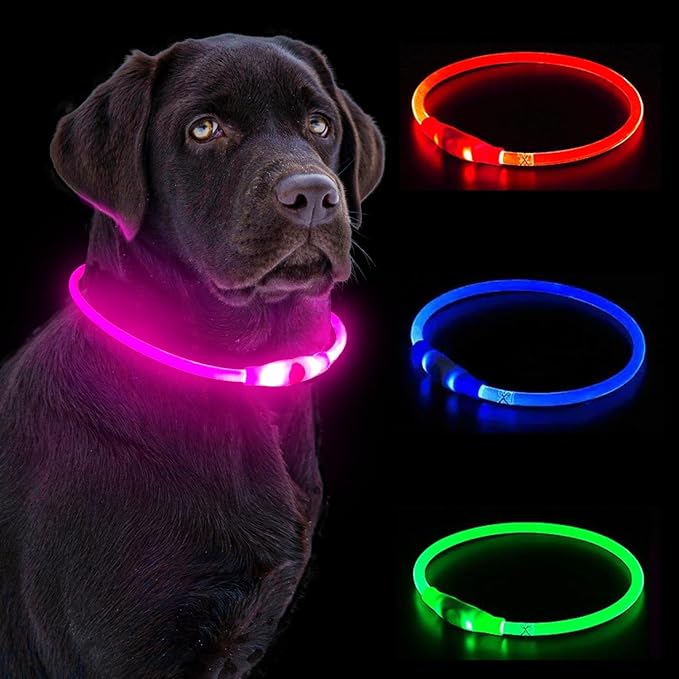 LED Dog Collar, Waterproof Light Up Dog Collar Rechargeable, Dog Safety Necklace for Night Walking, Adjustable Cut-to-Fit Silicone Collar Small Medium Large Dog 27.5” Cuttable (Pink) by GlowFetchIt
