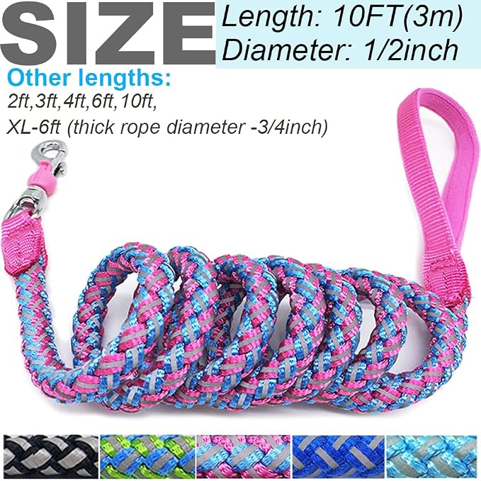 Reflective Dog Leash 2/3/4/6/10ft Braided 1/2" Strong Nylon Rope | 10FT Pink Dog Leash for Large Medium Small Dogs Walking Training Leads - Image 7