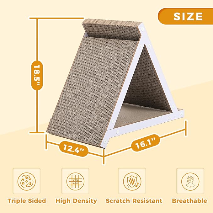 PEQULTI 18.5" Triangular Cardboard Cat Scratcher Pad Indoor Multi Cats | 18.5in triangular corrugated cardboard scratcher, stable base protects furniture for multiple indoor cats - Image 2