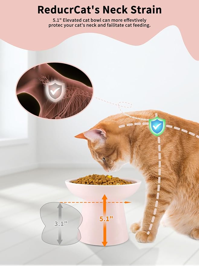 LoeJan Elevated Cat Food and Water Bowls Set, Extra Wide and Raised Ceramic Feeder, Anti-Vomit Whisker-Free Pressure Feeding Bowl for Kittens Adult Cats Small Dogs (Pink, Bowl Set) - Image 3
