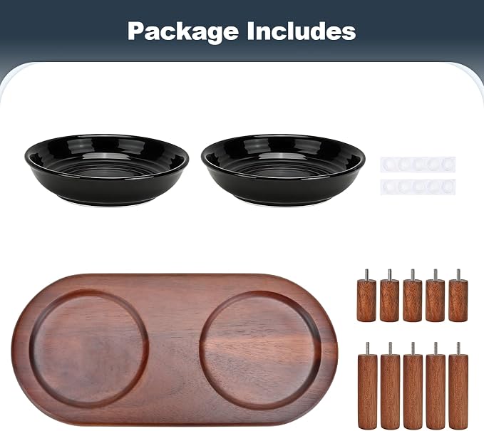 SPUNKYJUNKY Shallow Elevated Cat Bowl with Acacia Wood Stand Wide Raised Ceramic Cat Dishes Whisker Friendly Pet Food and Water Plates (Striped Pattern, Black) - Image 7