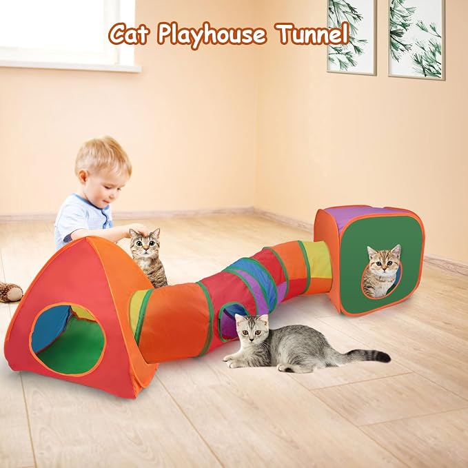 Rypet Cat Toy Tunnel and Cubes Bundle, Play Tubes for Indoor Cats,Rainbow | 3-in-1 Tunnel Cubes Tent, Crinkle Tube for Play, DIY Shapes, Ball and Bell for Play, Tear-Resistant Polyester, Folds Flat - Image 5
