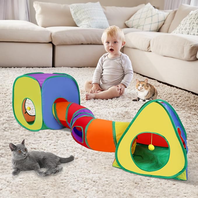 Cat Tunnels for Indoor Cats with Tent Cube and Feather Toy Collapsible Combo, Pop Up Cat Play Tunnel with Interactive Cat Toy Ball for Kitten, Ferret, Puppy, Guinea Pig, Rabbit, Bunny, Multicolour - Image 5