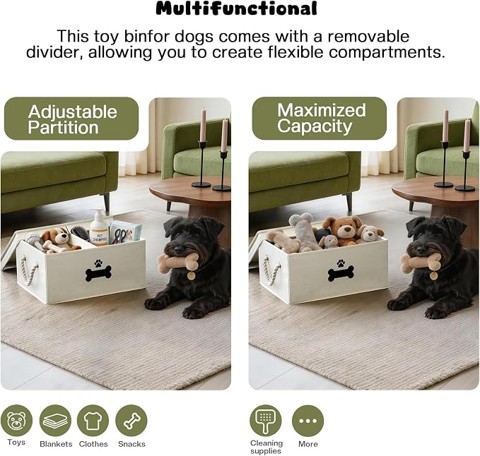 Dog Toy Basket with Double-Open Lid, Divided Dogs Basket for Toys, Collapsible Pet Toy Box, Dog Storage Organizer with 2 Divided Area, Puppy Toys Baskets with Rope Handles, Beige - Image 4