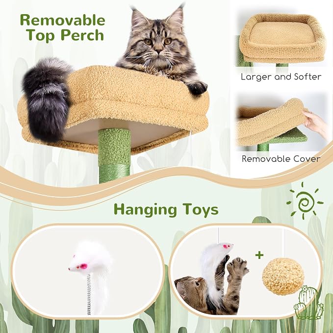 Globlazer Cactus Sturdy Cat Tree for Indoor Cats 20 lbs, S68, Green | 68-inch Large Cat Tower for Adult Big Cats, Heavy Duty Cat Tree with Extra Large Platform, 5 Scratching Post - Image 5