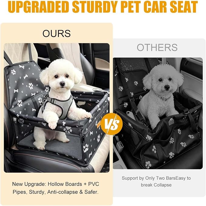 Pet Dog Booster Seat, Upgrading the Framed wall to Prevent Collapse，Breathable and Foldable Pet Car Basket，Removable andWashable pet car seat (Black Footprints) - Image 2