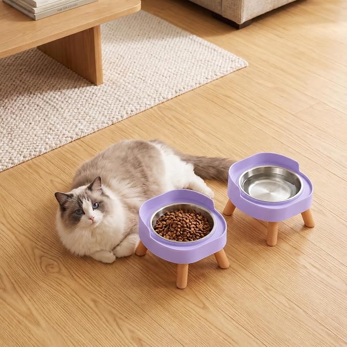 Elevated Cat Bowls, 2P Raised Cat Food and Water Bowl Set for Indoor Cats, Splash Proof with 2 Stainless Steel Pet Food Bowls for Cats ＆ Puppies, Whisker Friendly and Dishwasher Safe - Purple - Image 9