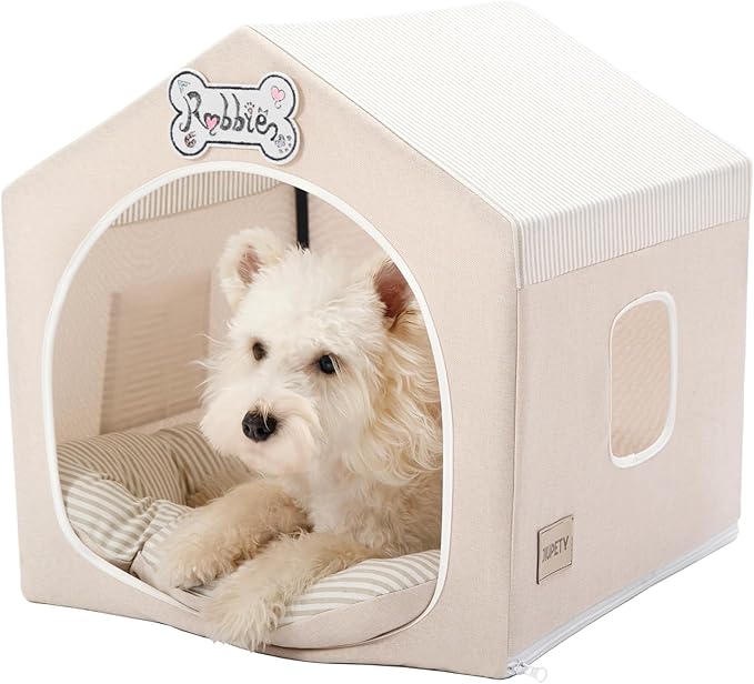Indoor Dog House with Frame,Cute Dog Tent Bed with Cover Cave,Beige | Breathable,Washable,and Foldable House, Suitable for 8-16 Lb Puppy and Cats, Medium (17"×17"×17"),Inside Dog House by JIUPETY