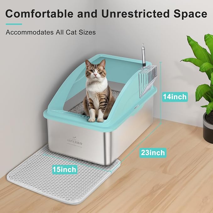 AIPERRO Stainless Steel Cat Litter Box | XXL Deepened 8" Design | Metal High Sided Box with Lid for Big Cats | Anti-Urine Leakage | Non-Stick & Easy to Clean with Litter Mat & Metal Scoop - Image 5