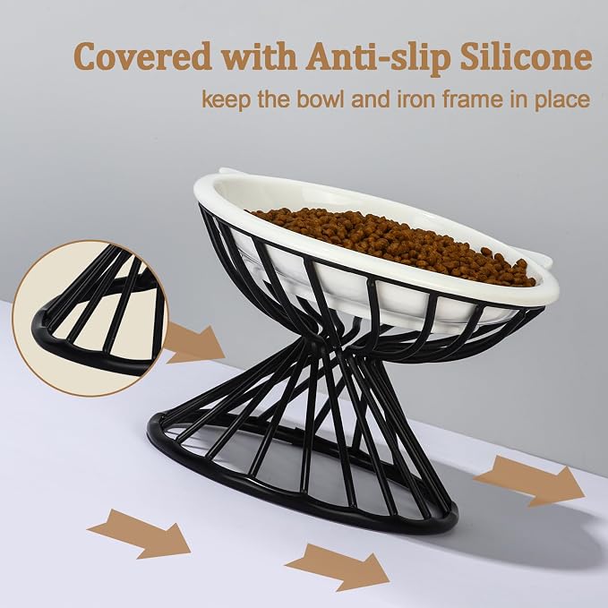 Elevated Cat Bowls,6.3" Wide Raised Ceramic Cat Food Bowl with Anti-Slip Metal Stand for Indoor Cats,Whisker Friendly,Protect Pet's Spine Pet Food Dishes for Flat Faced Cats and Kitten (White) - Image 3