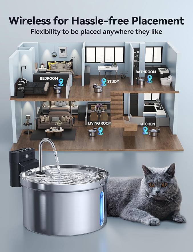 Wireless Cat Water Fountain [Water & Battery Separation] FEELNEEDY Stainless Steel Automatic Pet Water Dispenser, 4000mAh Battery Operated Water Fountains for Cats Dogs - 3.5L/118oz - Image 3