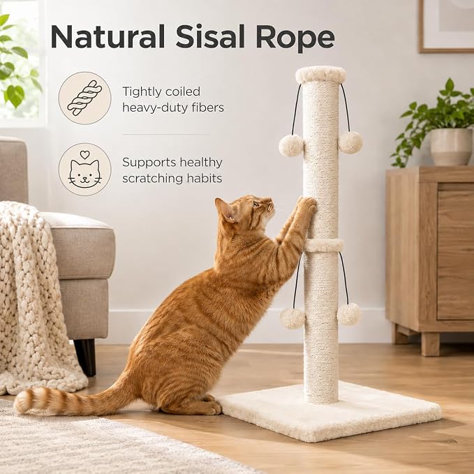 Dimaka 34'' Cat Scratching Post, Cat Scratching Post, Cat Scratcher for Large Cats with Teasing Toy Ball, Natural Sisal White and Grey (Beige) - Image 7