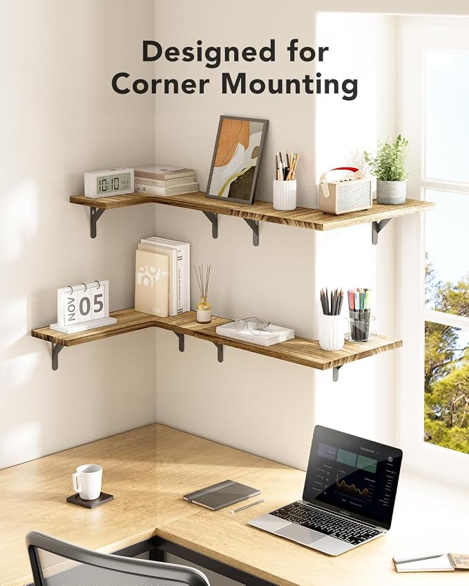 Amada Corner Floating Shelves, Paulownia Wood, Set of 4, Natural Wood | Corner Wall Shelves with Triangular Metal Bracket, 44 lbs Capacity per Shelf, L-Shaped Design for Bathroom, Laundry Room - Image 3