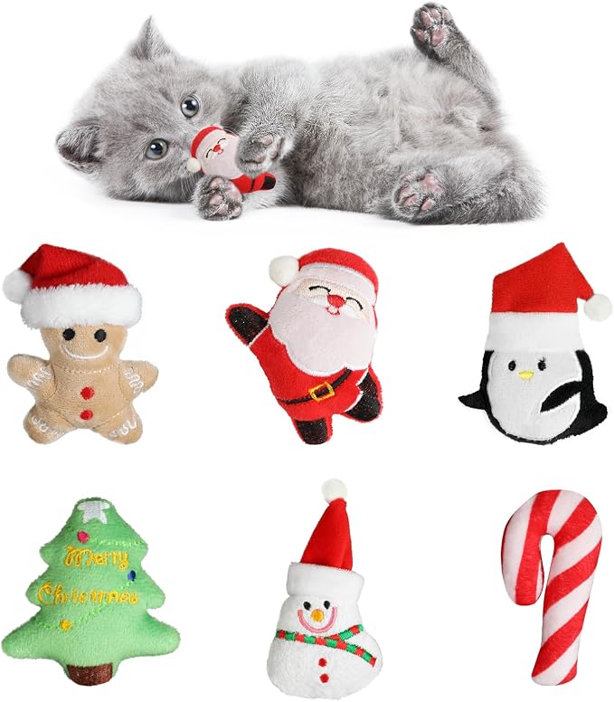 FOIMAS 6pcs Christmas Catnip Toys,Xmas Cat Toys Plush Santa Claus Snowman Tree Interactive Chew Bite Toys for Cat Kitten Indoor by FOIMASLLC