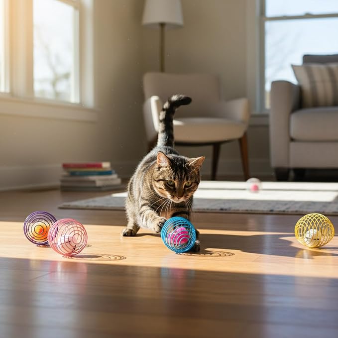 Jecery 5 Pcs Cat Toys Spring,Mouse and Bell,Multicolor | Interactive Metal Cat Toy, Stretchable Rolling Ball, for Indoor Cats, Colorful Playful Coils, Kitten Pet Supplies - Image 7
