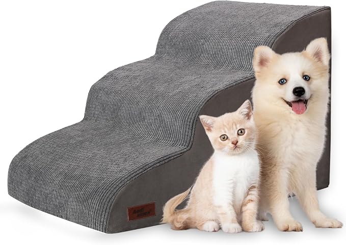 Aodisman Dog Stairs for Small Dogs and Cats,3-Step Pet Ramp for Bed & Couch | 15.7" H Non-Slip Sturdy Dog Steps with Curved Ramp for Senior,Short-Legged Dogs,Puppy and Cats to Reach Sofa or Chair,Grey by AODISMAN