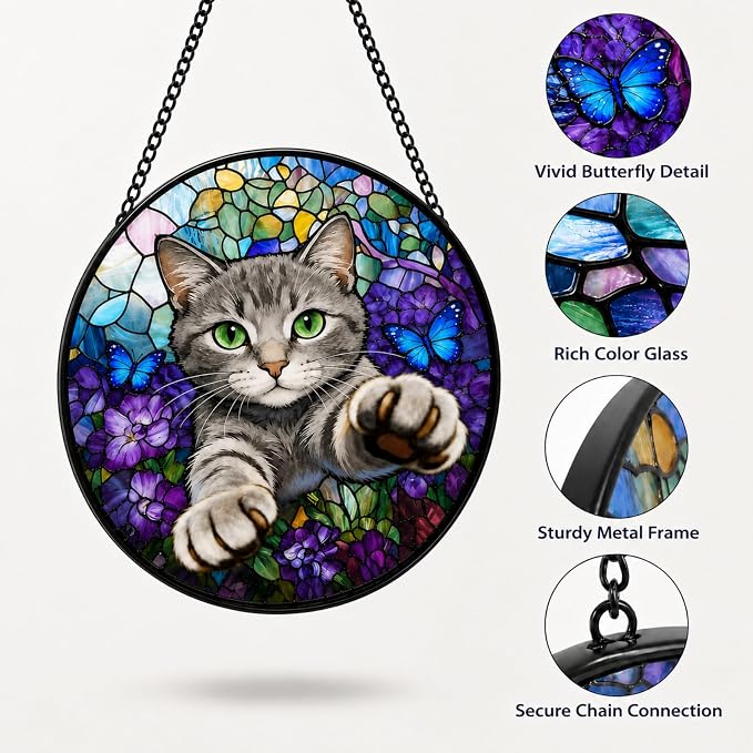 Stained Glass Window Hanging Cat Suncatcher with Butterfly Design, Round Window Hanging Decor, Colorful Sun Catcher for Home, Garden & Gifts for Cat Lovers - Image 4