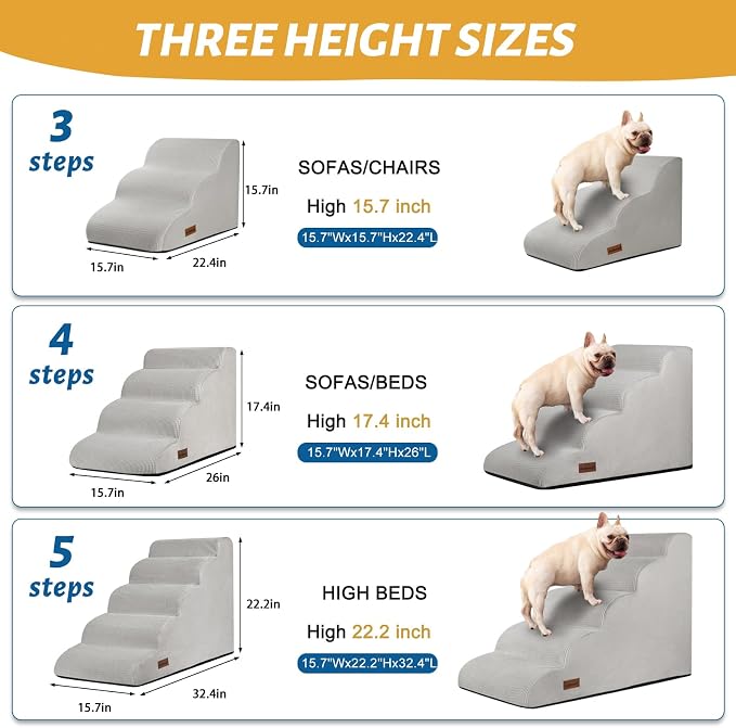Aodisman Dog Stairs for High Bed,5-Step Pet Ramp for Small Dogs and Cats | 22.2" H Dog Steps for Bed with High-Density Foam, Help Olders,Short-Legged Dogs,Puppy and Cats Get on Beds Easily,Light Grey - Image 6