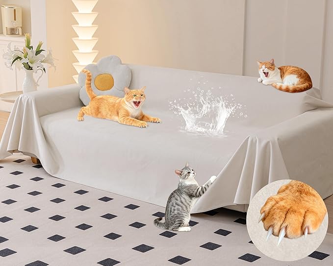 Loiion Cat Scratch Couch Cover Waterproof Sofa Cover 134"x91" Beige | Pet-Friendly Couch Protector, Anti-Scratch & Non Slip Sofa Cover For Cats Dogs Kids, Machine Washable by Loiion