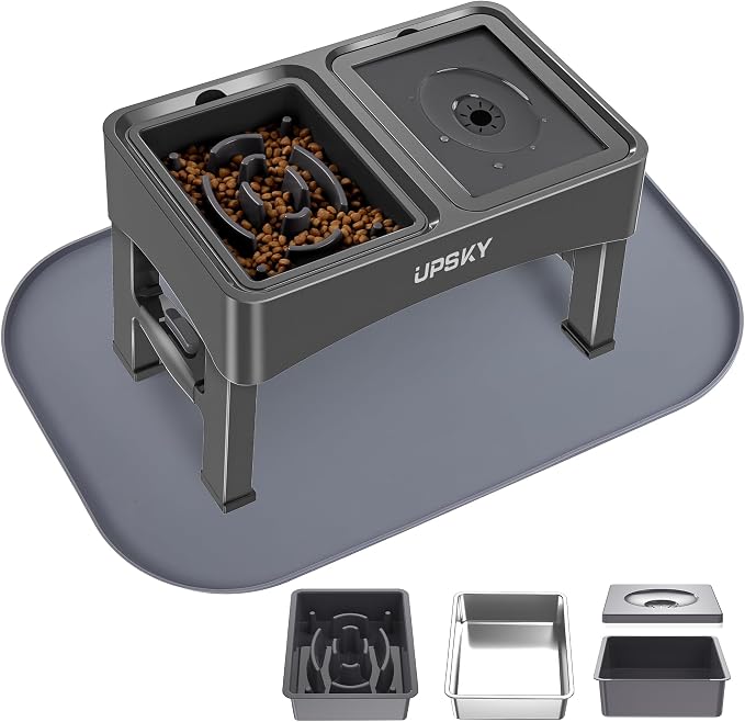 UPSKY 3-in-1 Elevated Dog Bowls Set with 4 Height Adjustable Stand and Mat | 304 Stainless Steel Bowl, No Spill Water Bowl, Slow Food Bowl, Anti-Slip, Dishwasher Safe, Suitable for Small Medium Dogs by UPSKY