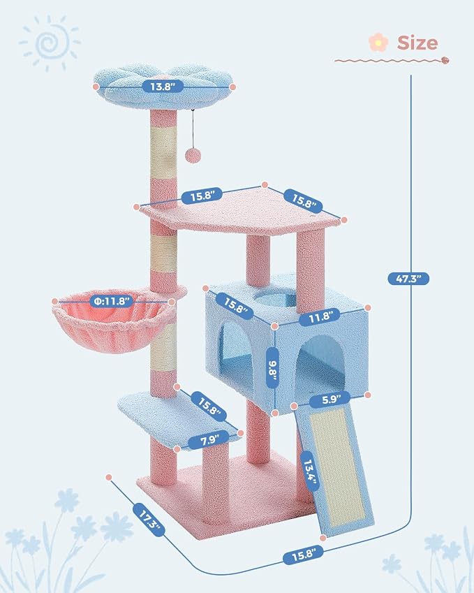 Flower Cat Tree 47.2" Multi-Level Cat Tower with Sisal Covered Scratching Posts, Cute Cat Condo for Indoor Small Medium Cats, Pink Top Perch, Ramp, Fluffy Ball, Blue - Image 7