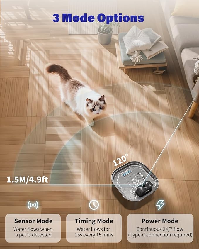 Lawfery 3.2L/108oz Wireless Stainless Steel Cat Water Fountain | Battery Operated Cordless Design with 3 Modes, Stainless Steel Pet Drinking Fountain for Cats and Small Dogs - Image 4