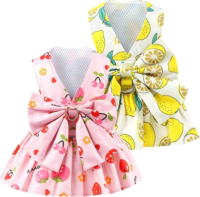2Pack Small Dog Harness Dress for Girl Puppy Cat Dress with Strawberry&Lemon Pattern Adjustable Breathable D-Ring Outfits for Small Puppy Cat Dresses for Cats Only or Dog Girl Clothes by TENGZHI