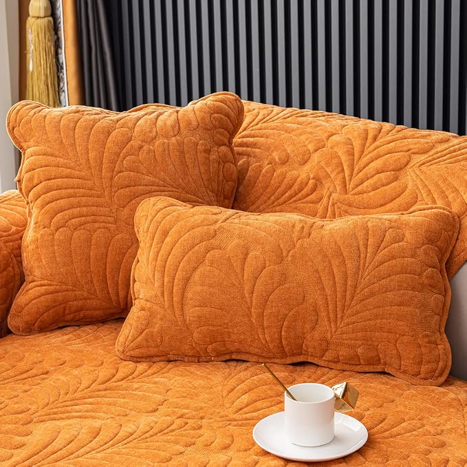 Set of 2 Palm Leaves Decorative Square Throw Pillow Covers Soft Chenille Plush Quilted Cushion Covers for Couch Sofa Bed (Orange,18"x18") by WelcometoXSlive