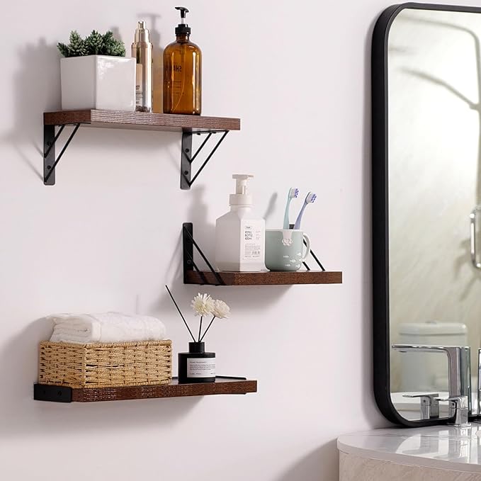 BAYKA Wall Shelves for Bedroom Decor, Floating Shelves for Wall, Display Mounted Rustic Wood Shelf for Books,Plants,Corner Shelves for Bathroom,Kitchen,Living Room(Rustic Brown,Set of 3) - Image 2