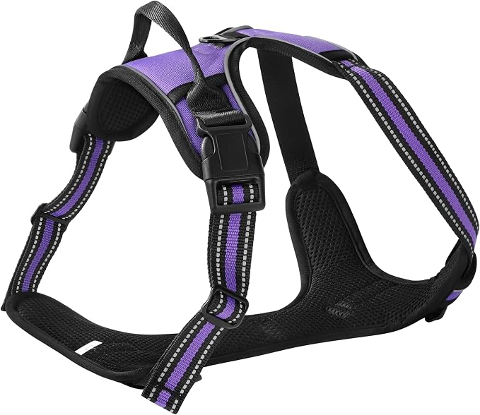 Purple No-Pull Dog Harness with 2 Leash Clips，Soft Padded Vest for Medium Dog, Adjustable Reflective Dog Vest Easy to Put on and Take Off, (Neck: 14"~20", Chest: 21"~27", Purple M) - Image 3
