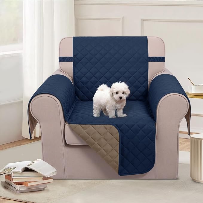 U-NICE HOME Reversible Oversized 28''Chair Covers, Navy/Taupe | Armchair Cover for dogs Washable, Pet Friendly, Elastic Straps, Water Repellent, Diamond Quilted - Image 2