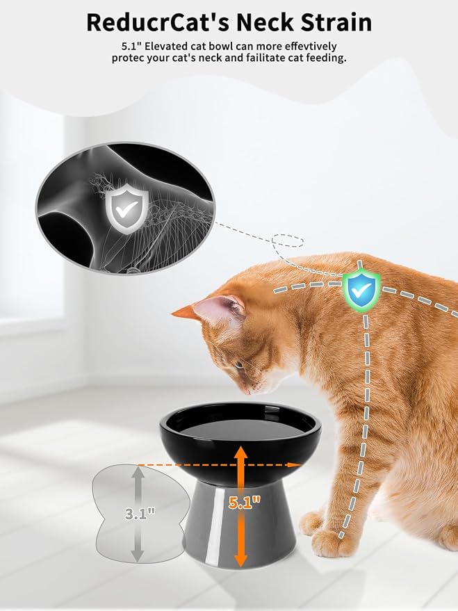 LoeJan Elevated Cat Food and Water Bowls Set, Extra Wide and Raised Ceramic Feeder, Anti-Vomit Whisker-Free Pressure Feeding Bowl for Kittens Adult Small Dogs (Black) - Image 3